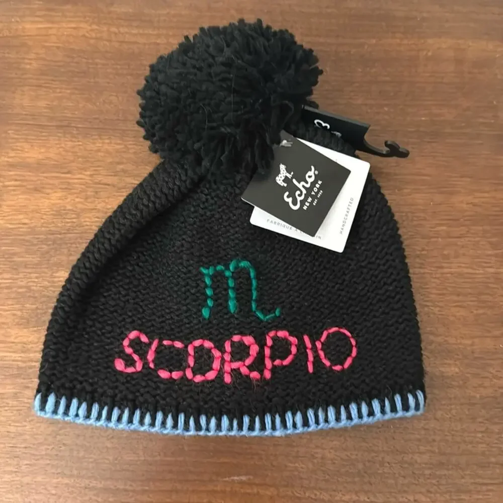 New Echo Wool Blend Scorpio Zodiac Pom Pom Beanie Black Colorful Ski Retro